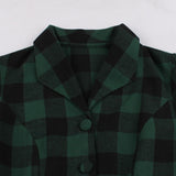 Pin Up Vintage Green Plaid Elegant Turn-Down Collar Pocket Side Cotton Gingham Rockabilly Dress