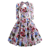 Black Elegant Bow Tie Floral Sweetheart Rockabilly Party Three Quarter Sleeve Autumn Backless Vintage Dress