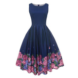 Vintage Floral Print Retro Pleated Rockabilly Dress O-Neck Summer Ladies Navy Cotton Dress