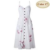V Neck Backless Floral Women White Boho Striped Button Sunflower Daisy Pineapple Midi Dress