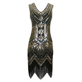 Women 1920s Vintage Art Deco Sequin Double V-Neck Tassels Bodycon Beaded Party Dress