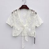 Summer Crochet Lace Mesh Shrug Bolero V Collar Short Sleeve Embroidery Flower See-Through Vintage Cardigan Shawl Coat