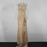 High Slit Gold Sequin Long Maxi Tassels V-neck Sexy Evening Party Spaghetti Strap Black Dress