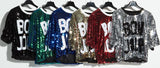 BON JOUR Hip Hop Street Dance Jazz Pub Bars Costumes Loose Oversized Letter Sequins Paillette Boxy T-Shirt Top Tee