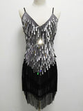 Vintage 1920s Great Gatsby Flapper V-Neck Backless Strap Dance Dress Costumes Shimmer Mini Fringed Sequin Dress