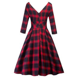 Vintage Gingham Cotton Midi Red Plaid Elegant Long Sleeve Retro Backless Autumn Dress