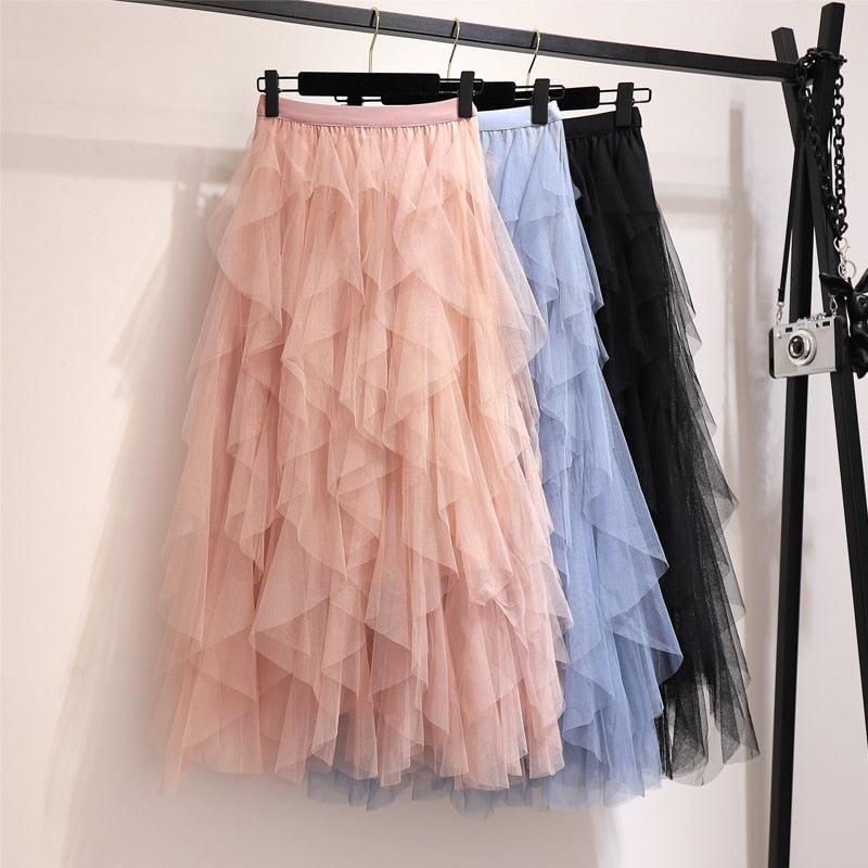 Summer Irregular Mesh Tulle Skirt Elastic High Waist Mid Calf Tutu Long Skirt