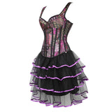 Women Victorian showgirl Gothic Corset Vest with Bubble Skirt Renaissance Brocade Lace Up Strap Purple Corset Top Dress Set