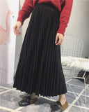 Women Suede Autumn High Waist Long Pleated Vintage Midi Skirt