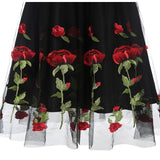 Rose Flower Embroidery V neck Pleated Mesh Overlay Floral White Dress