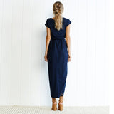 6 Color Casual Round Neck Sashes Wrap Short Sleeve Belt Irregular Vintage Midi Dress