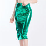 High Split Skinny Bling Laser Holographic Midi Night Party Club Pu Patchwork Skirt