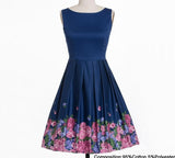 Vintage Floral Print Retro Pleated Rockabilly Dress O-Neck Summer Ladies Navy Cotton Dress