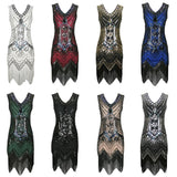 Women 1920s Vintage Art Deco Sequin Double V-Neck Tassels Bodycon Beaded Party Dress