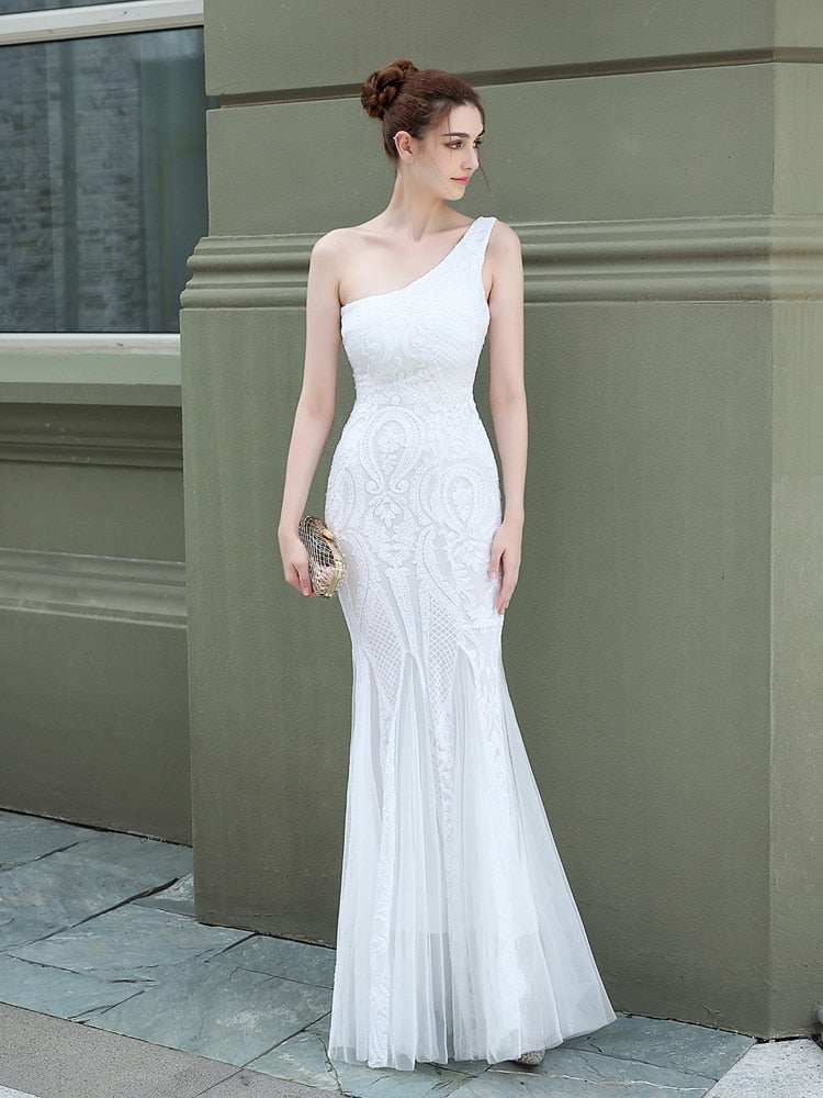 One-shoulder Tulle Sequins Evening Dress Long Mermaid Elegant Vestioes Prom Robe Burgundy White Formal Dress