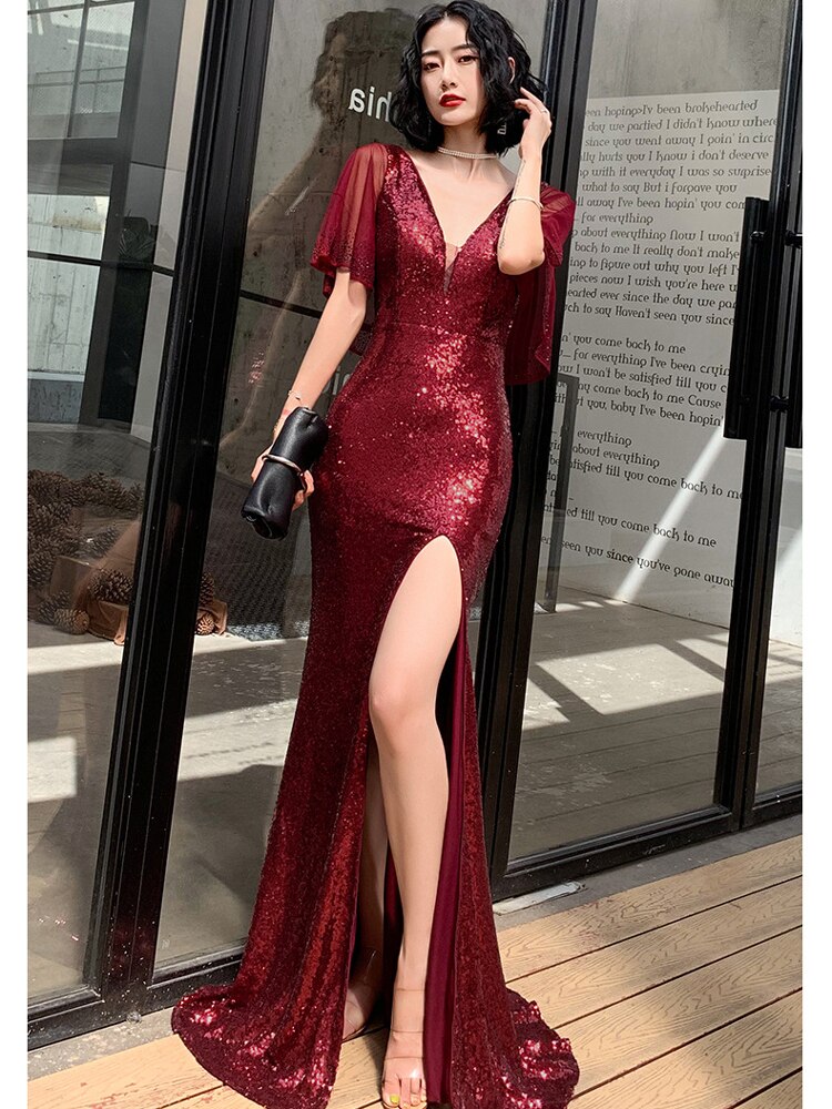 Red Sexy Long Evening Dress Shining Sequins Chiffon Party Gown V-neck Robe Side Fork Prom Dress