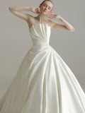 Satin Style Tuxedo Bride Slim Strapless Women Simple Wedding Dress Pleated White Vestido De Noiva Robe