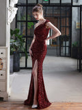 One Shoulder Sexy Side Split Party Dress Sleeveless Formal Occastion Sequins Prom Gowns