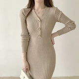 Fall Winter Midi V Neck Button Long Sleeve Elegant Ribbed Knitted Dress Chic Sexy Bodycon Dress