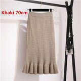 Elastic Women Pencil Warm Office Wear Elegant Knitted Straight Mid-Long Bodycon Skirt