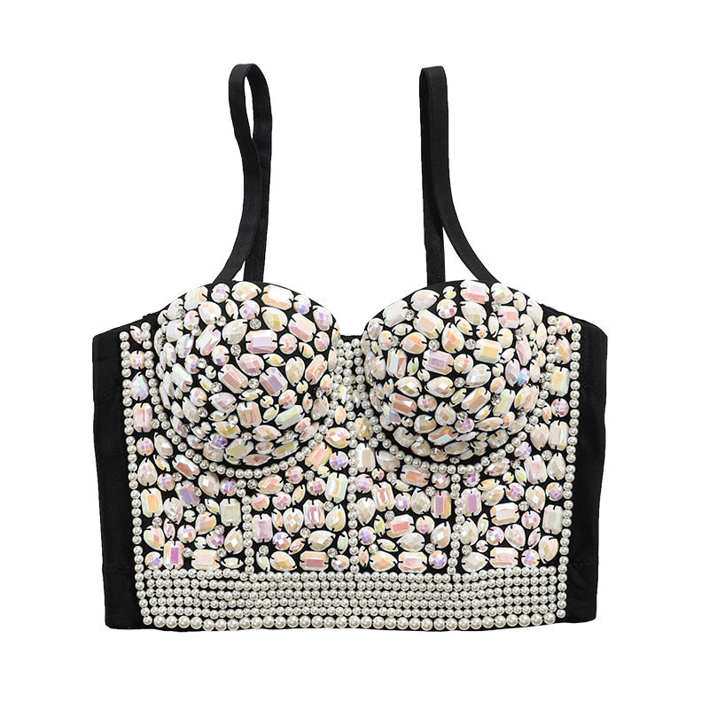 Acrylic Beads Corset Top Built In Bra Nightclub Sexy Women Crop Top To Wear Out Bra Push Up Chest