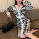 New Women Spring Autumn Dresses Elegant Lady Vintage Knitting Fashionable Buttons Checkered Long Dresses