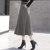 Vintage Women Long Woolen Retro Pleated Plaid Black A-line Skirts