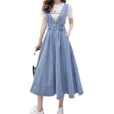 Denim Women Strap Long High Waisted Vintage Loose Pleated Blue Club Streetwear Cotton Harajuku Jean Skirt