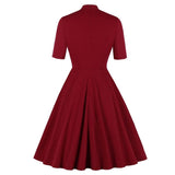 Twist Stand Collar Cutout Front Red Solid Vintage Leisure Short Sleeve A Line Summer Elegant Dress