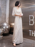 Long Pagoda Sleeve Sequin Formal Dress A-line V-neck High-Waist Elegant Champagne Party Prom Dress