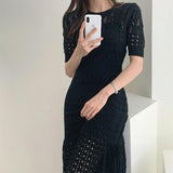 Elegant Hollow Out Women Knit Short Sleeve High Waist Bandage With Vest Midi Female Fashion Chic Dress