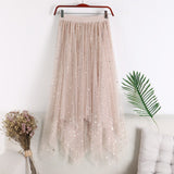 Women Mesh Gold Velvet Lining Irregular A-line Star Sequins Long Maxi Skirt