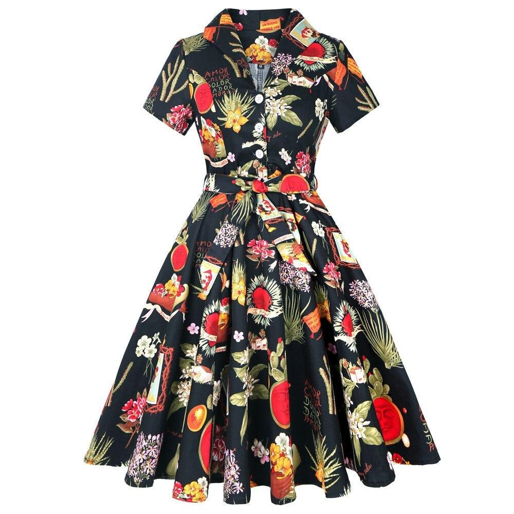 Green Leaf Print Cotton Pinup Swing Women Dress with Belt 4XL 3XL Plus Size 50's 60s Retro Vintage Dress Costume Party Clothing