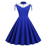 Contrast Mesh Pearls Beaded Elegant Party Mock Neck Tie Detail Women Vintage A-Line Summer Dress