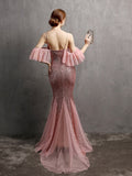 Spaghetti Strap Ruffle Sleeve Mermaid Evening Dress V Neck Sequins Party Prom Pink Floor Length Vestidoes