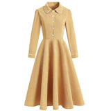 A Line Swing Solid Tunic Women Dress Retro Vintage 50S Robe Femme Long Sleeve Spring French Pin Up Rockabilly Midi Dresses
