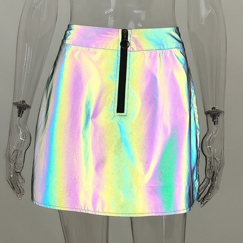 Gothic Harajuku Reflective Mini Skirt Female A-line High Waist Mini Skirts Streetwear Punk Skirt Clubwear Party Girl Skirts