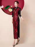 Fashion Sequins Embroidered Evening Dress Side-Slit Formal Occasion Women Black Red Long-Sleeve Tea-Length China Cheongsam