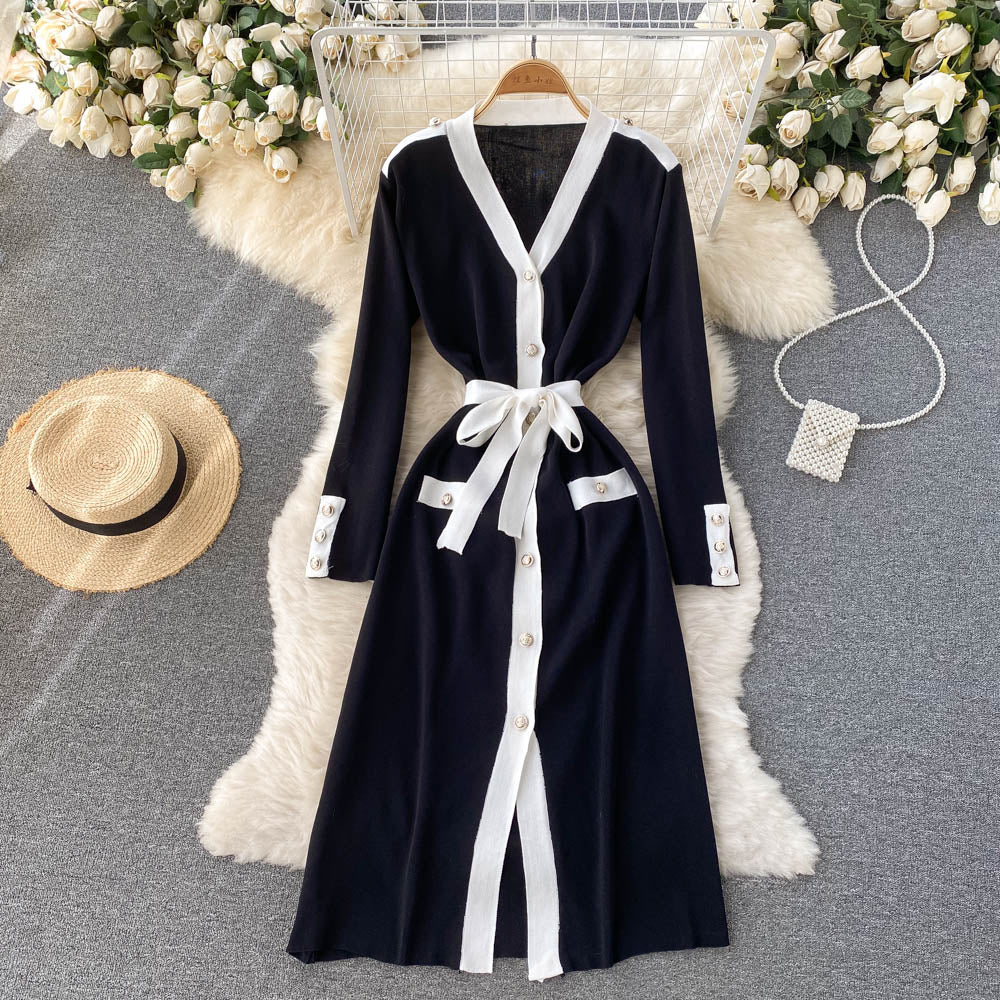 Long Sleeve Knitted Women Winter Elegant Office Contrast Color Trim V Neck Button Up Midi Dress With Belt