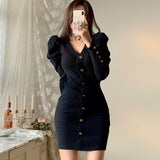 Autumn Winter V Neck Ribbed Knitted Long Puff Sleeve Bodycon Dress Front Button Sexy Mini Dress