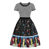Elegant Vintage Striped Print Patchwork Short Sleeve Robe Pin Up Retro Party Dress