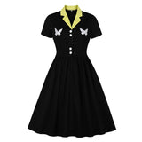 Black Contrast Notched Collar Butterfly Embroidery Vintage Button Front Elegant Pleated Dress