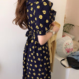 Chic Summer Women Lace Up Floral Dress V-Neck Slim Elegant Midi Runway Puff Sleeve Vestido