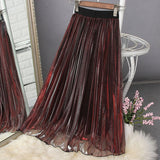 A-Line High Waist Pleated Mesh Women Retro Gradient Color Slim Skirt