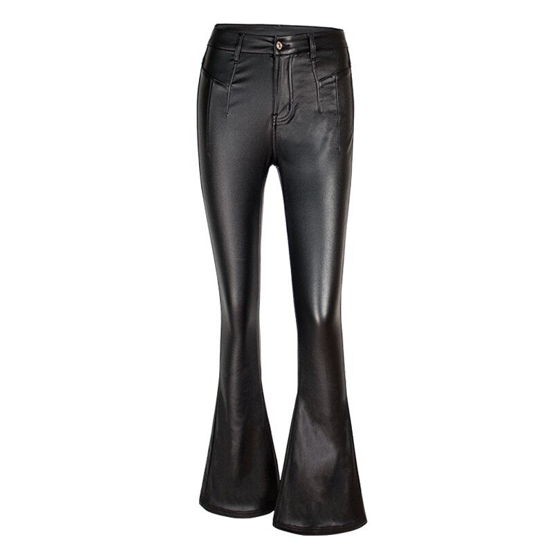 High Waist Black Elegant PU Leather Skinny Flare Pants Autumn Winter Bottoms Women Vintage Style Slim Trousers