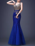 Lace Mermaid Sleeveless Tulle Formal Dress Double V-neck Robe De Soriee Floor-length Party Prom Gown
