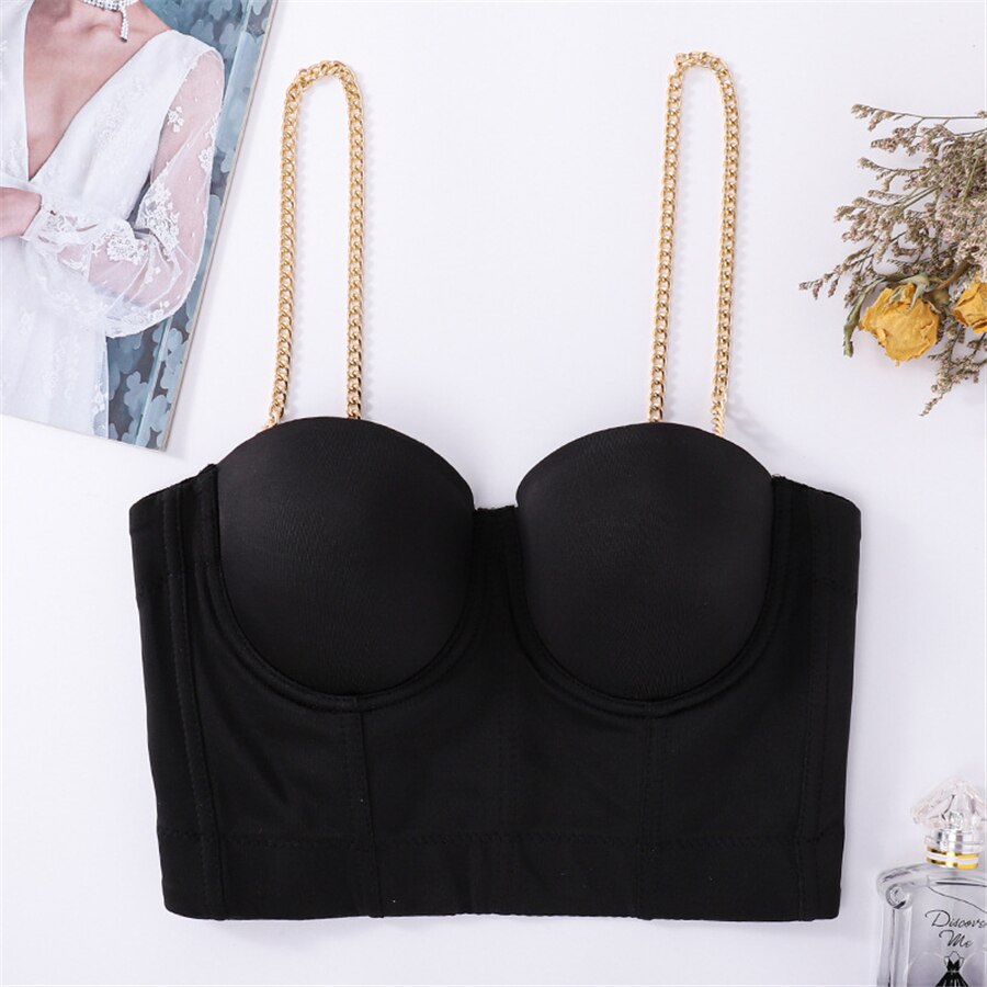 Short Metal Spaghetti Strap Sexy Crop Top Women Solid Camis Tops With Built In Bra Push Up Bralette