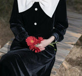 Black Vintage Velvet Dress Women Kawaii One Piece Dress Korean Fashion Long Sleeve Elegant Midi Dress Bow Design 2021 Winter