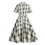 Green Plaid Rockabilly Vintage Notched Collar Buttons Elegant Belted A Line Retro Dress