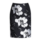 Women Office Black Flowers Print High Waist Bodycon Korean Style Knee Length Pencil Skirt